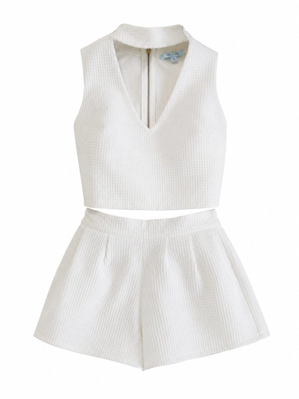 She + Sky White Textured Matching Set | Crop Top & High Waist Shorts | Size S